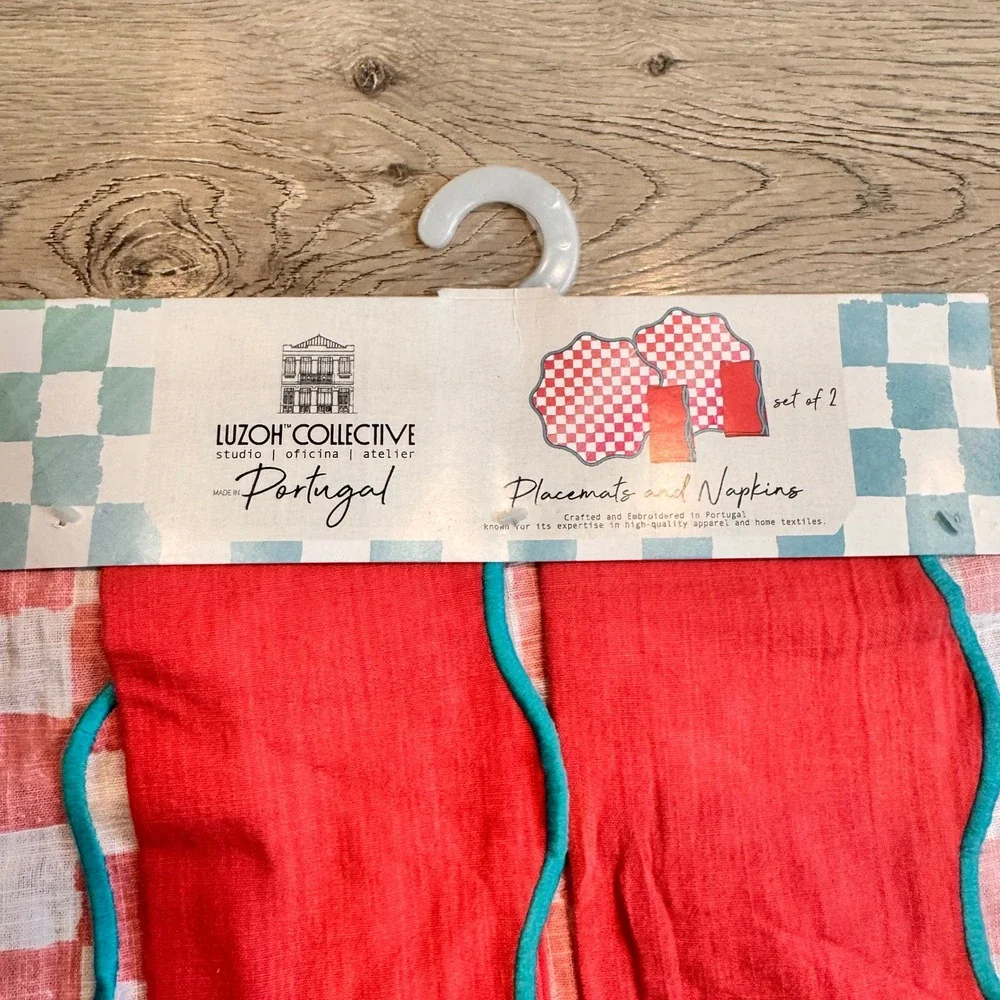 LUZOH COLLECTIVE Placemats & Napkins Set of 2 Linen Portugal Gingham Coastal RED